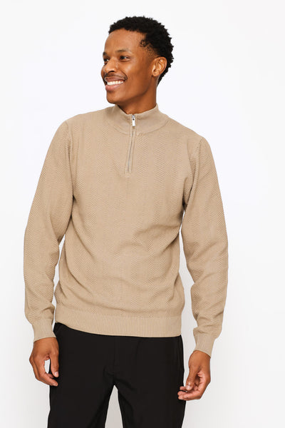 Mens Long Sleeve Textured Weave Quarter Zip Pullover - Taupe