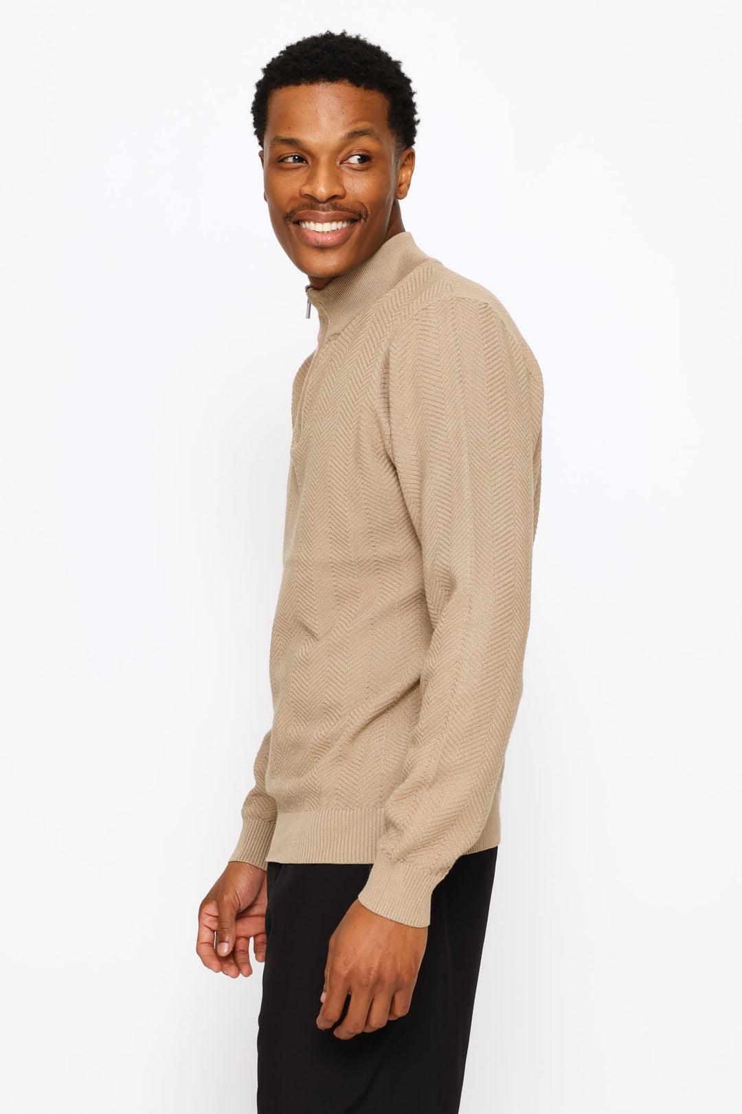 Long Sleeve Textured Weave Quarter Zip Pullover - Taupe Melange