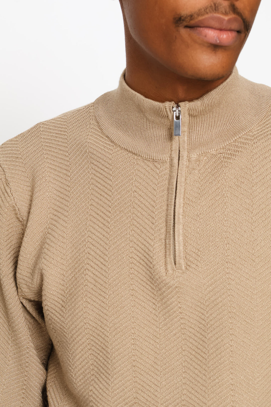 Long Sleeve Textured Weave Quarter Zip Pullover - Taupe Melange