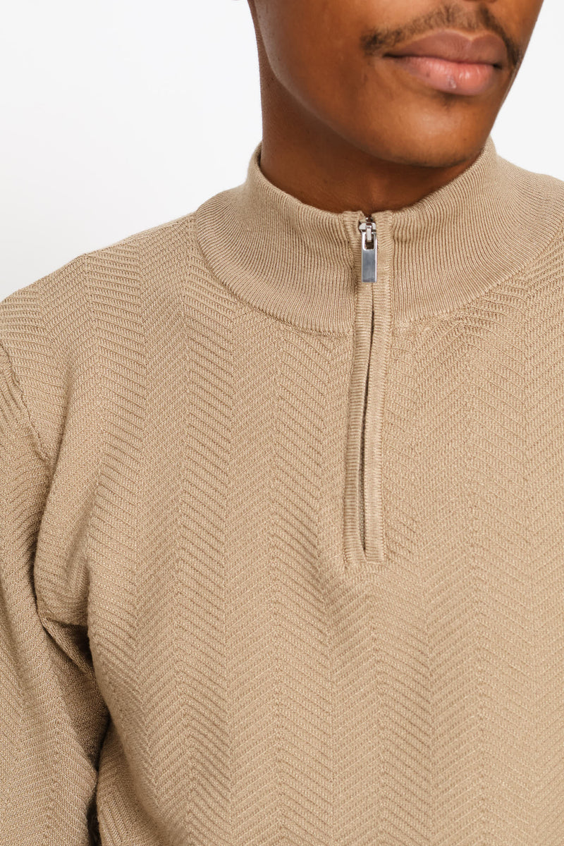 Long Sleeve Textured Weave Quarter Zip Pullover - Taupe Melange