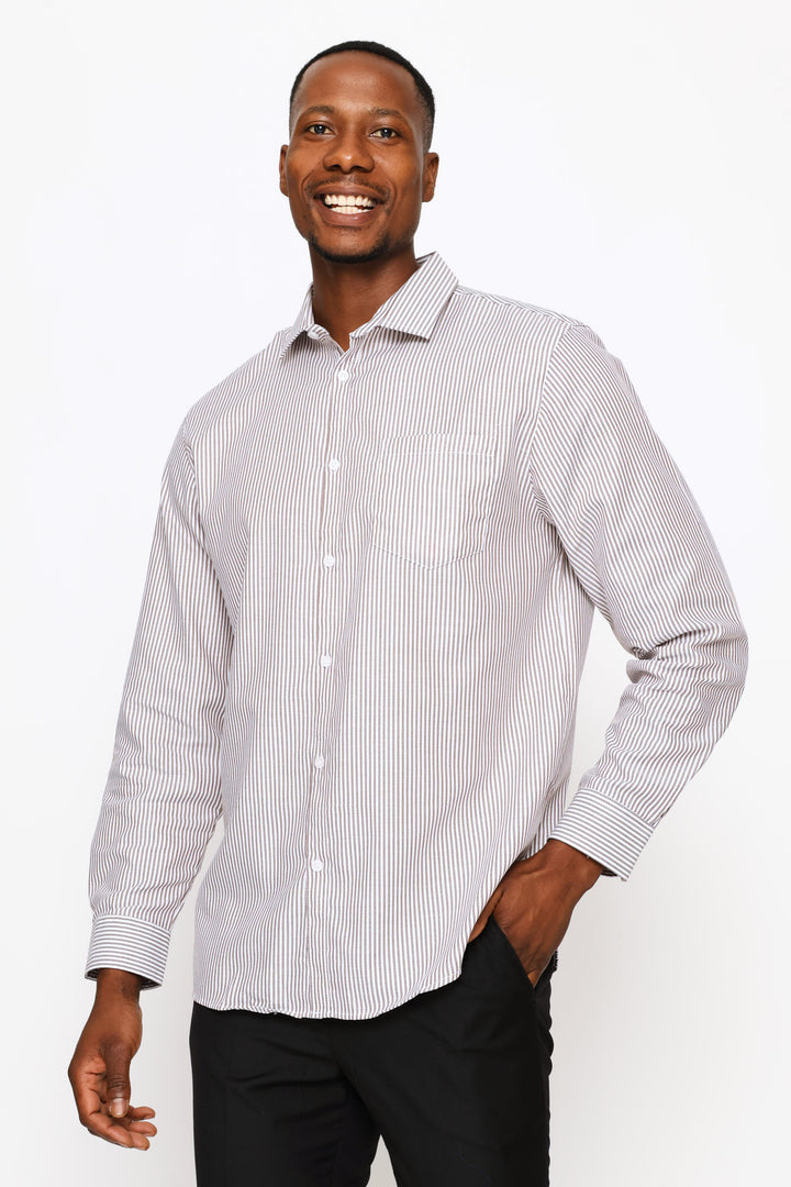 Regular Long Sleeve Basic Stripe Textured Shirt - White/Beige
