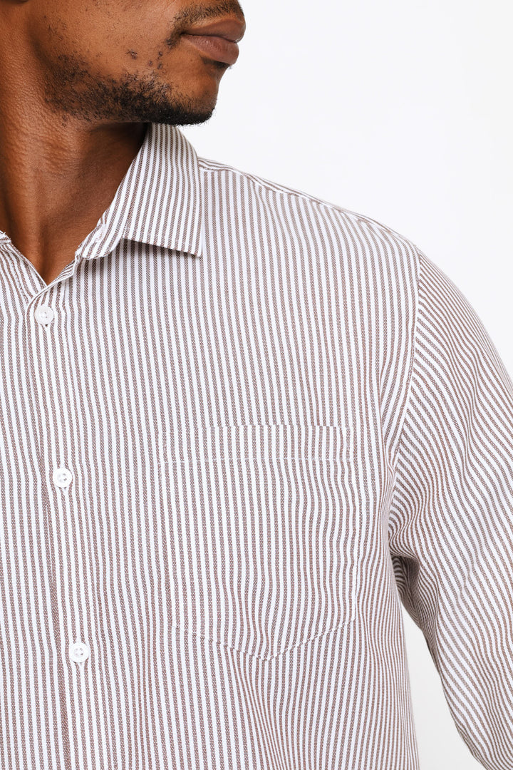 Regular Long Sleeve Basic Stripe Textured Shirt - White/Beige