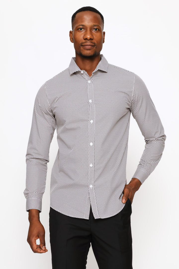 Slim Long Sleeve Geo Spot Printed Shirt - Navy/Brown