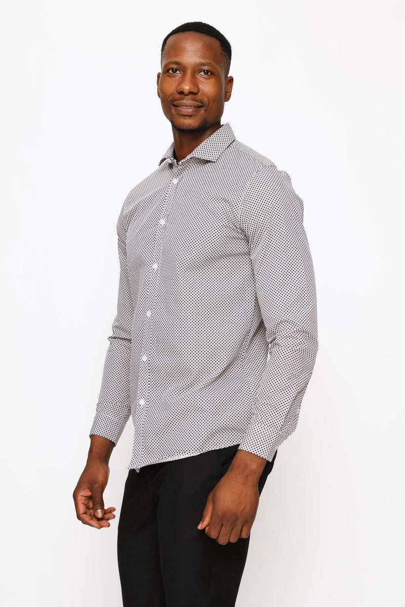 Slim Long Sleeve Geo Spot Printed Shirt - Navy/Brown