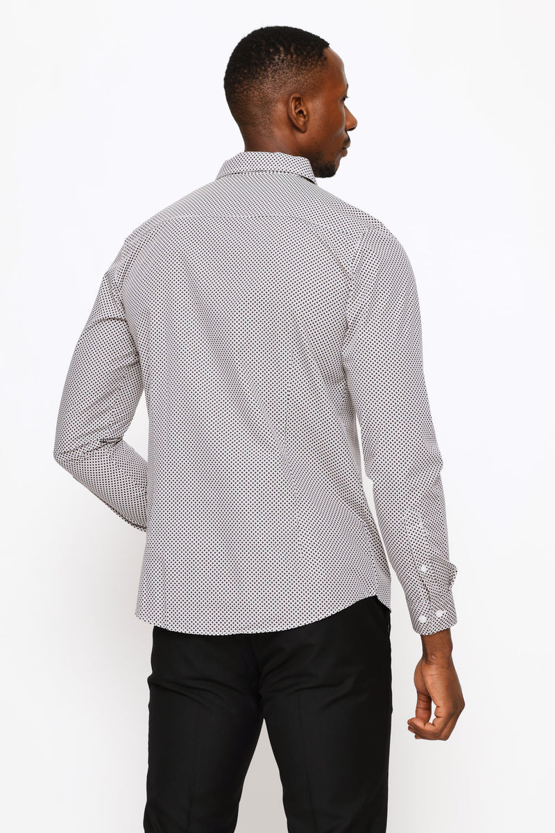 Slim Long Sleeve Geo Spot Printed Shirt - Navy/Brown