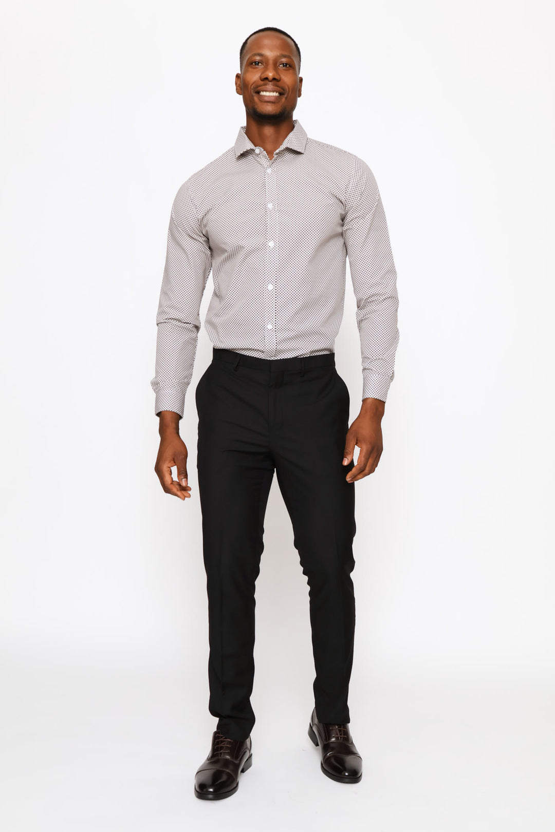 Slim Long Sleeve Geo Spot Printed Shirt - Navy/Brown