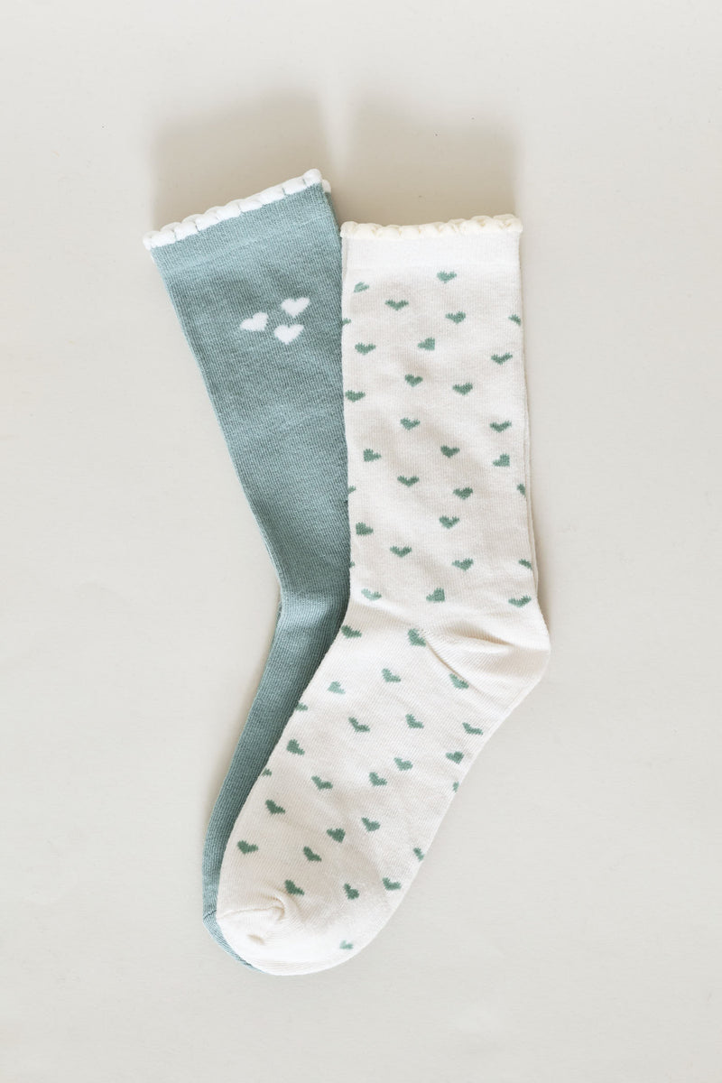 2 Pack Hearts Crew Fashion Socks - Duck Egg