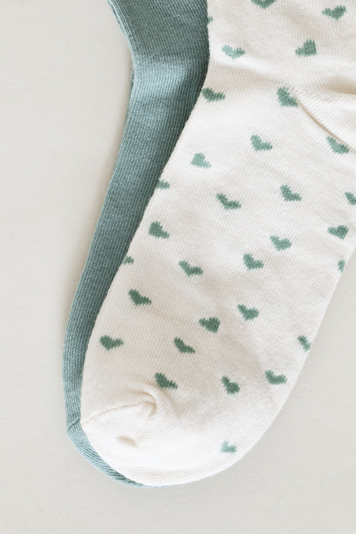 2 Pack Hearts Crew Fashion Socks - Duck Egg