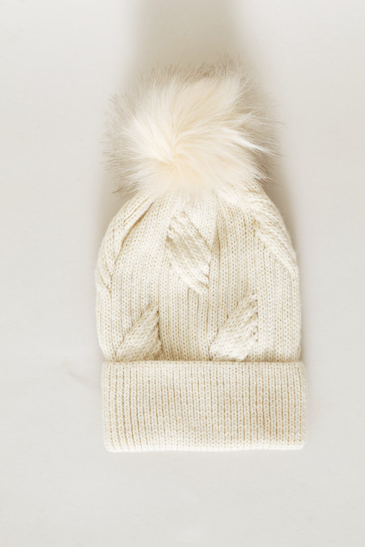 Pom Pom Turn Up Lurex Beanie - Stone