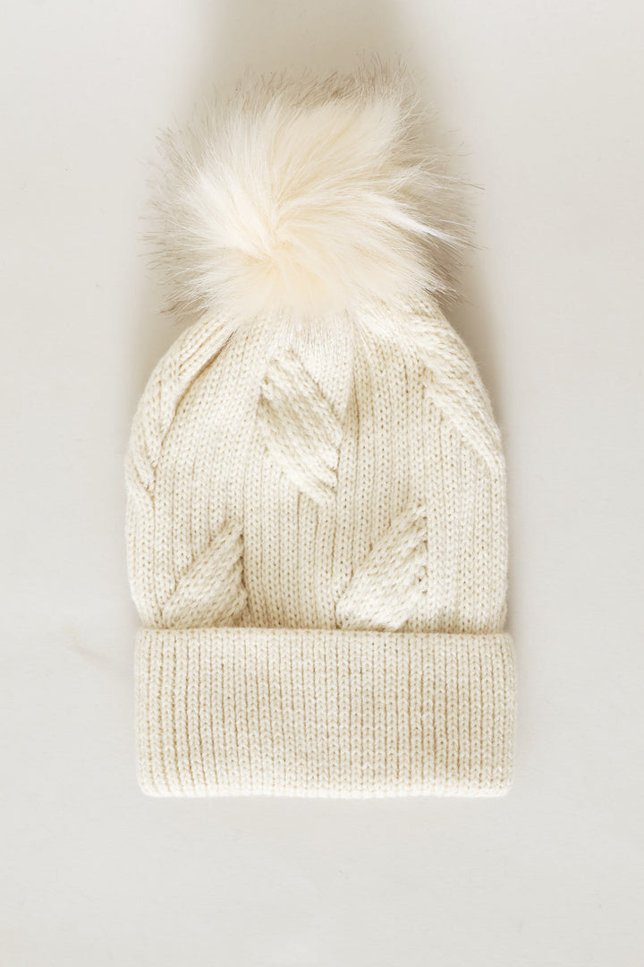 Pom Pom Turn Up Lurex Beanie - Stone