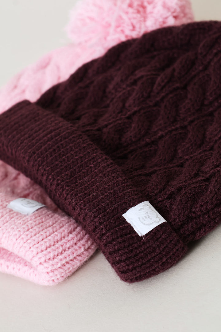 Baby Girls 2 Pack Pom Pom Beanie - Grape