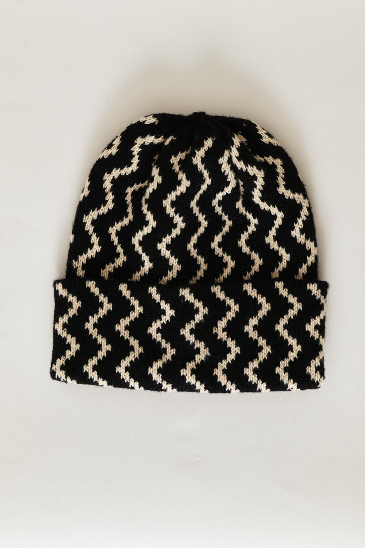 Chevron Turn Up Beanie - Black