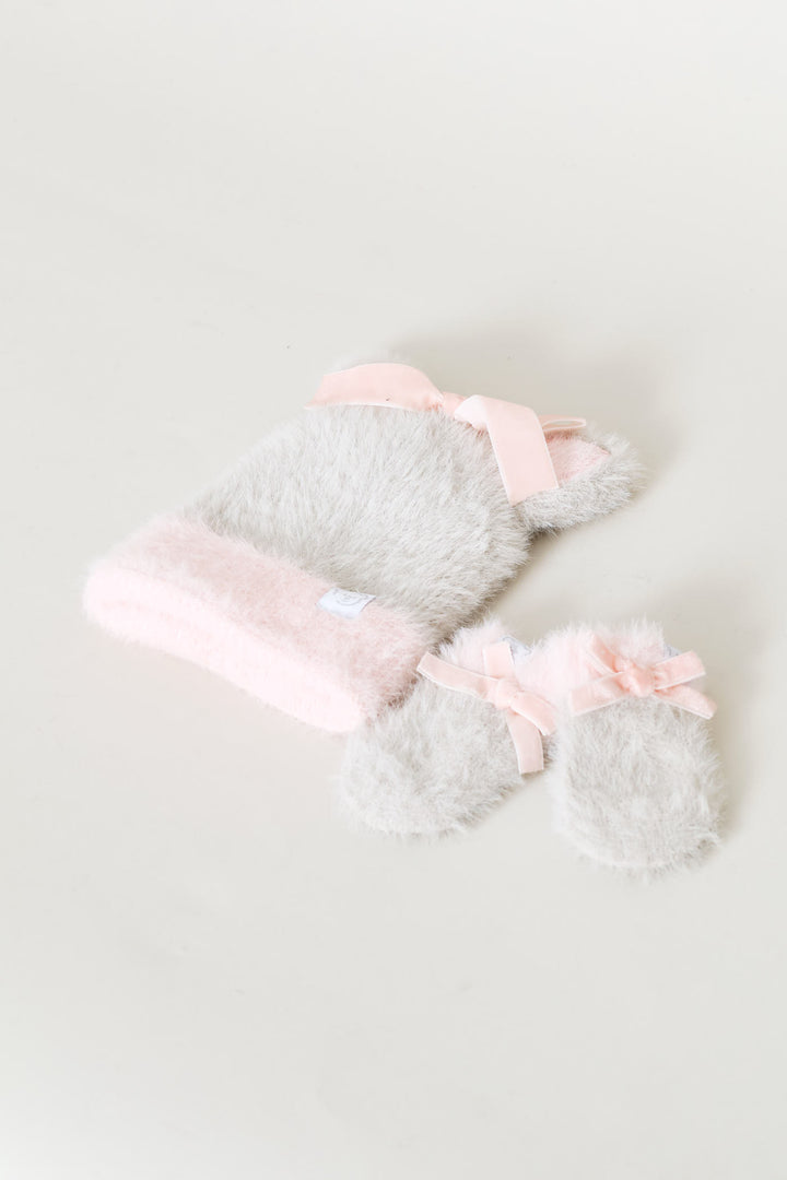 Baby Girls Novelty Bow Beanie & Mitten Set - Grey