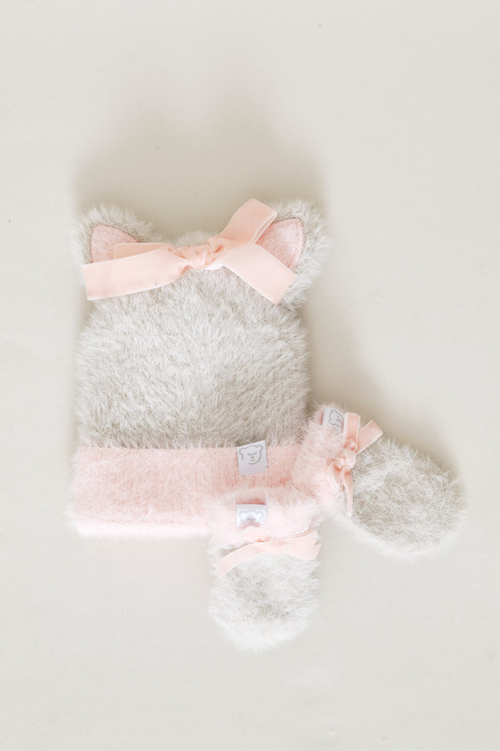 Baby Girls Novelty Bow Beanie & Mitten Set - Grey