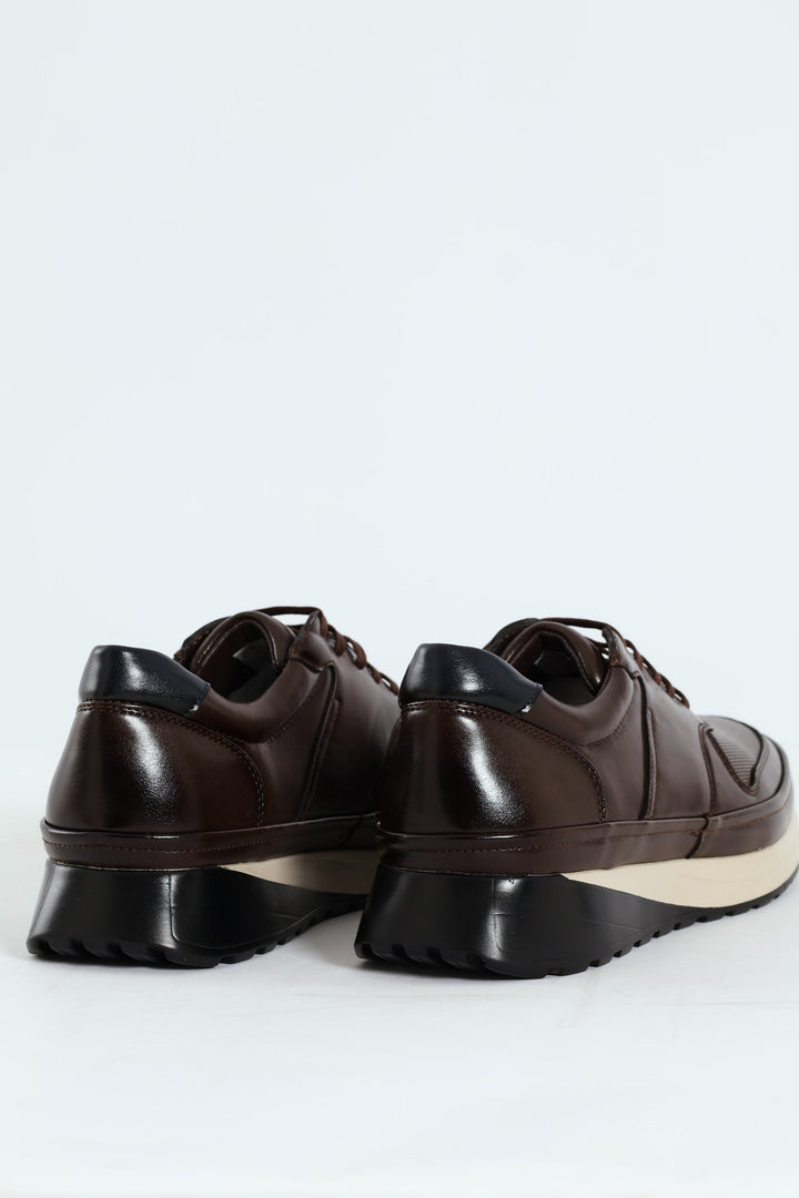 Pin Punched Detail Panelled Smart Casual Shoe - Chocolate