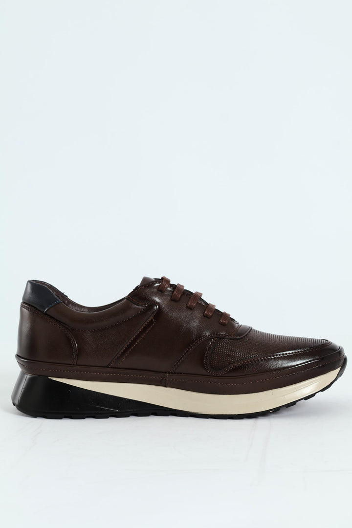Pin Punched Detail Panelled Smart Casual Shoe - Chocolate