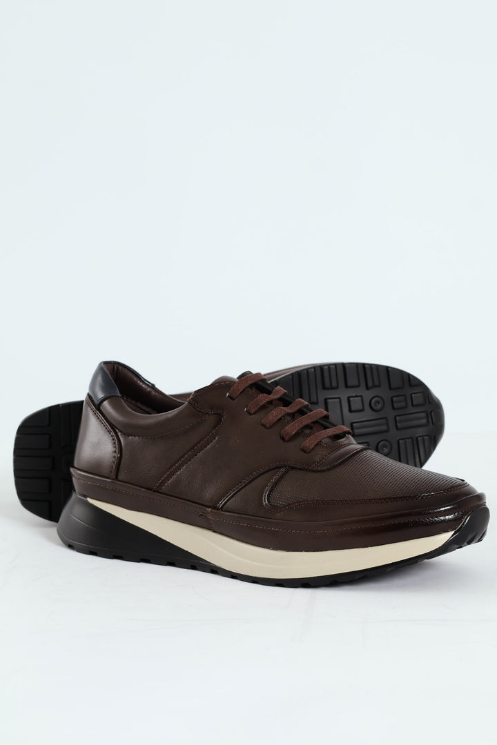 Pin Punched Detail Panelled Smart Casual Shoe - Chocolate