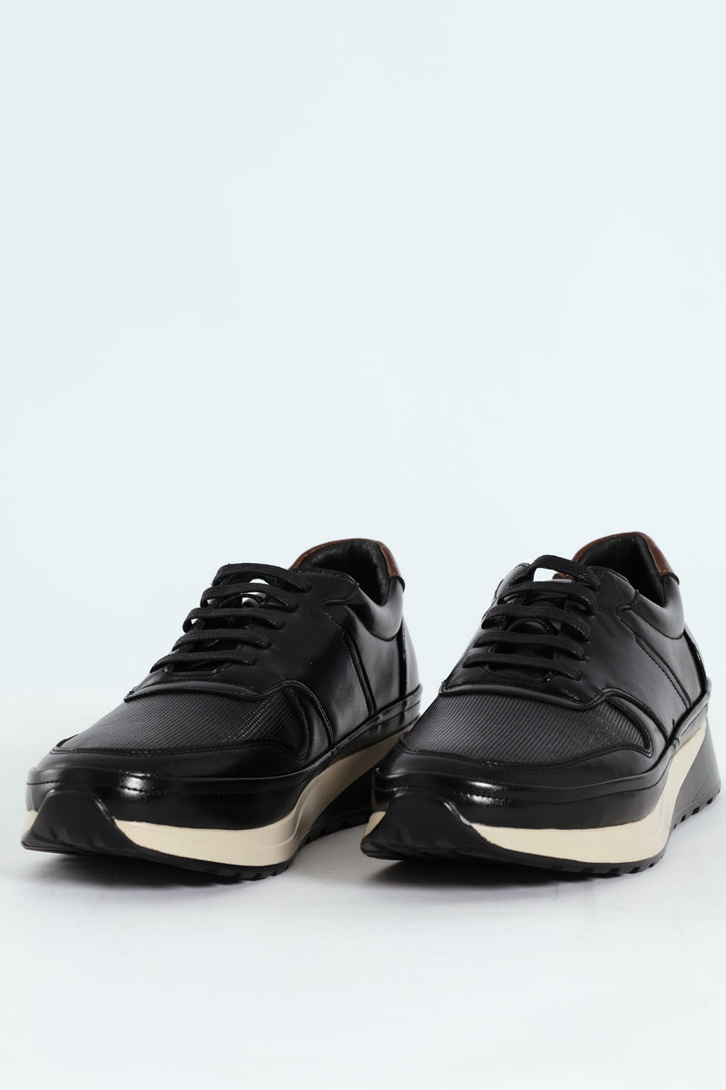 Pin Punched Detail Panelled Smart Casual Shoe - Black