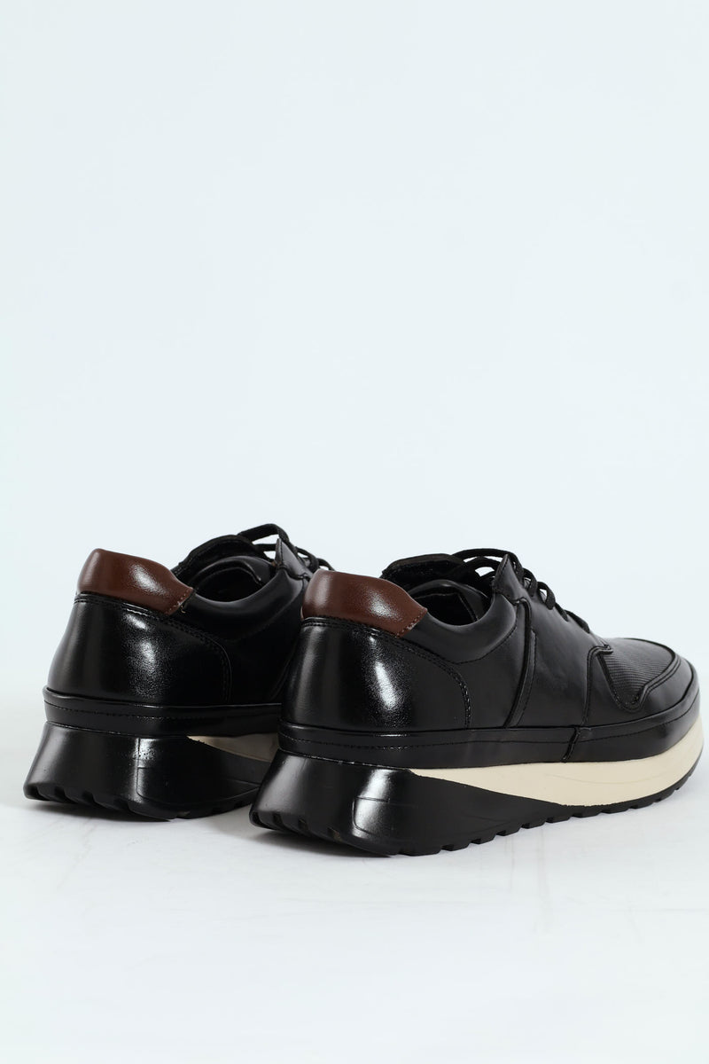 Pin Punched Detail Panelled Smart Casual Shoe - Black