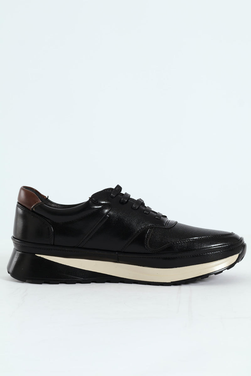 Pin Punched Detail Panelled Smart Casual Shoe - Black