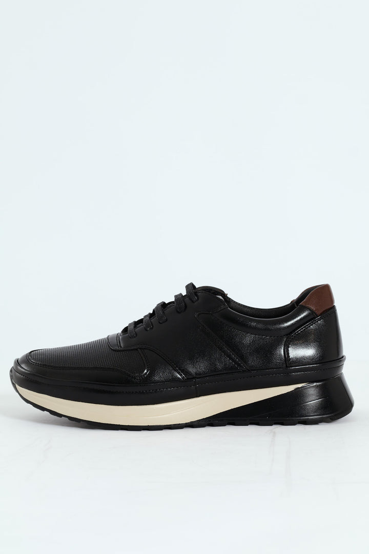 Pin Punched Detail Panelled Smart Casual Shoe - Black