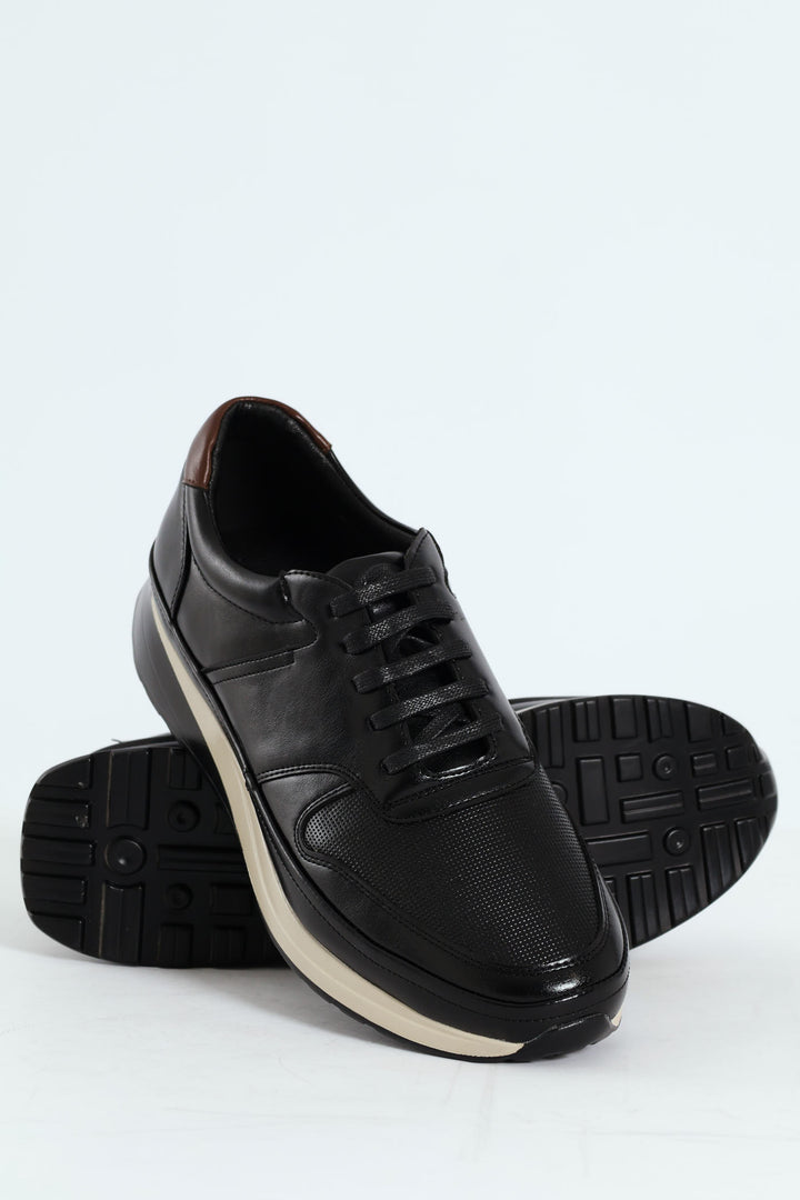 Pin Punched Detail Panelled Smart Casual Shoe - Black
