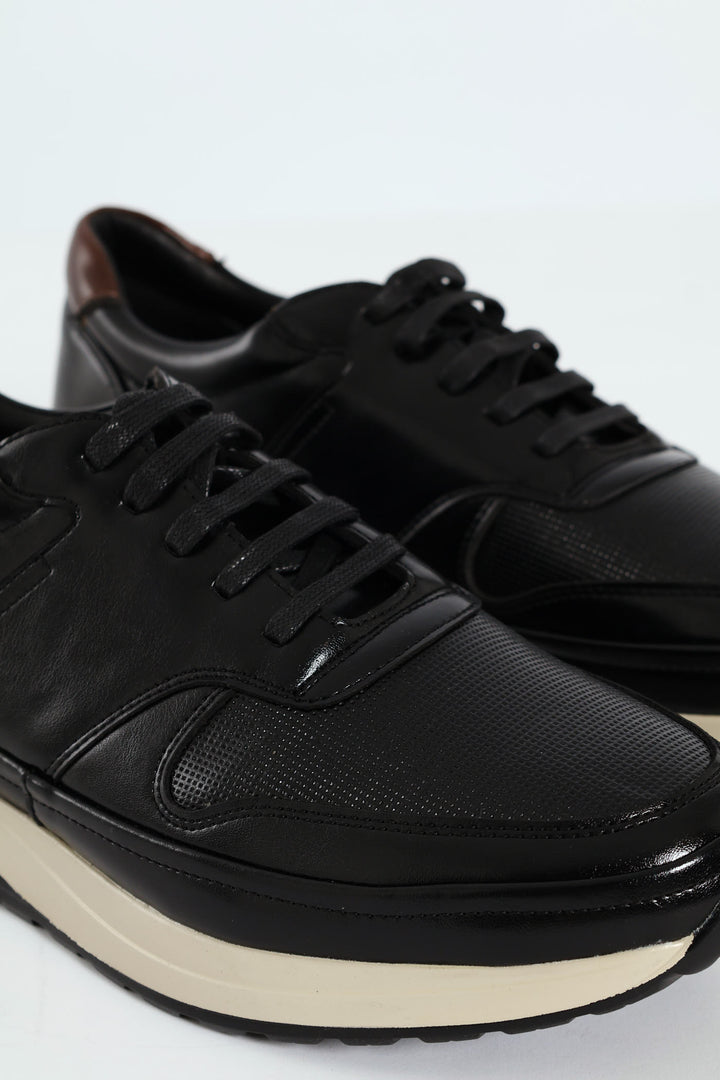 Pin Punched Detail Panelled Smart Casual Shoe - Black