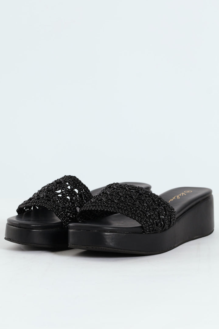 Weaved Single Band Flatform Mule Sandal - Black
