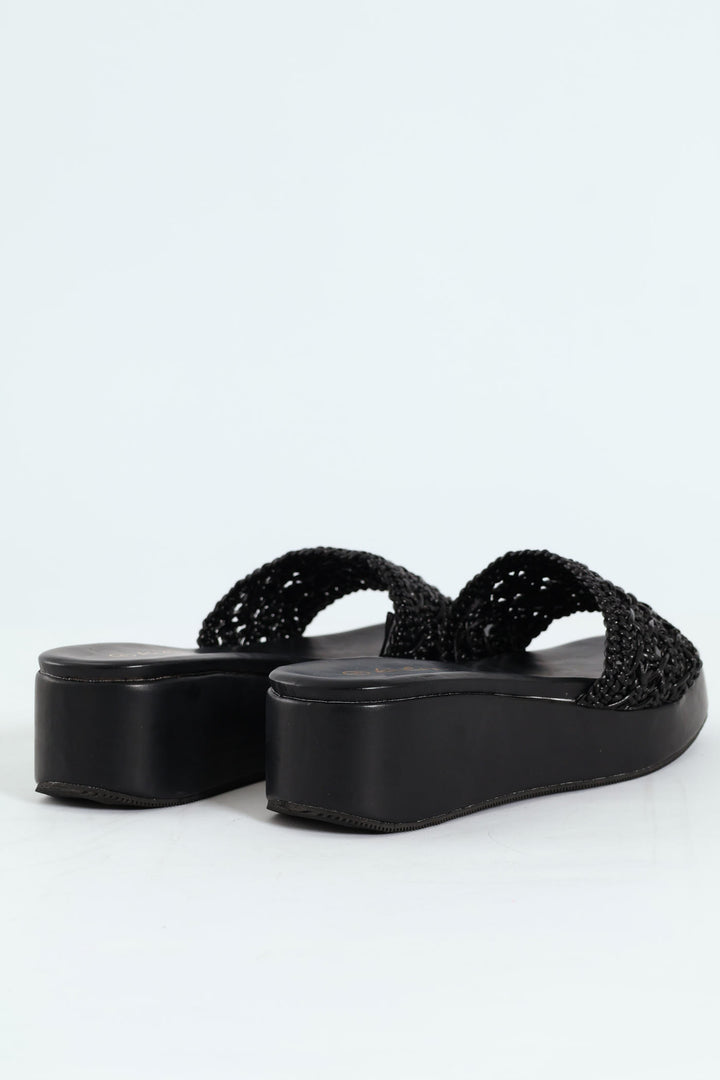 Weaved Single Band Flatform Mule Sandal - Black