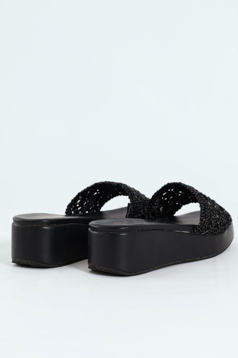 Weaved Single Band Flatform Mule Sandal - Black
