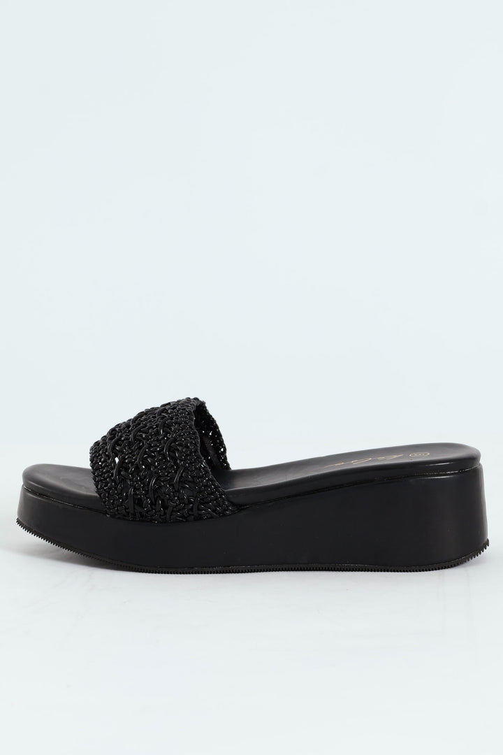 Weaved Single Band Flatform Mule Sandal - Black