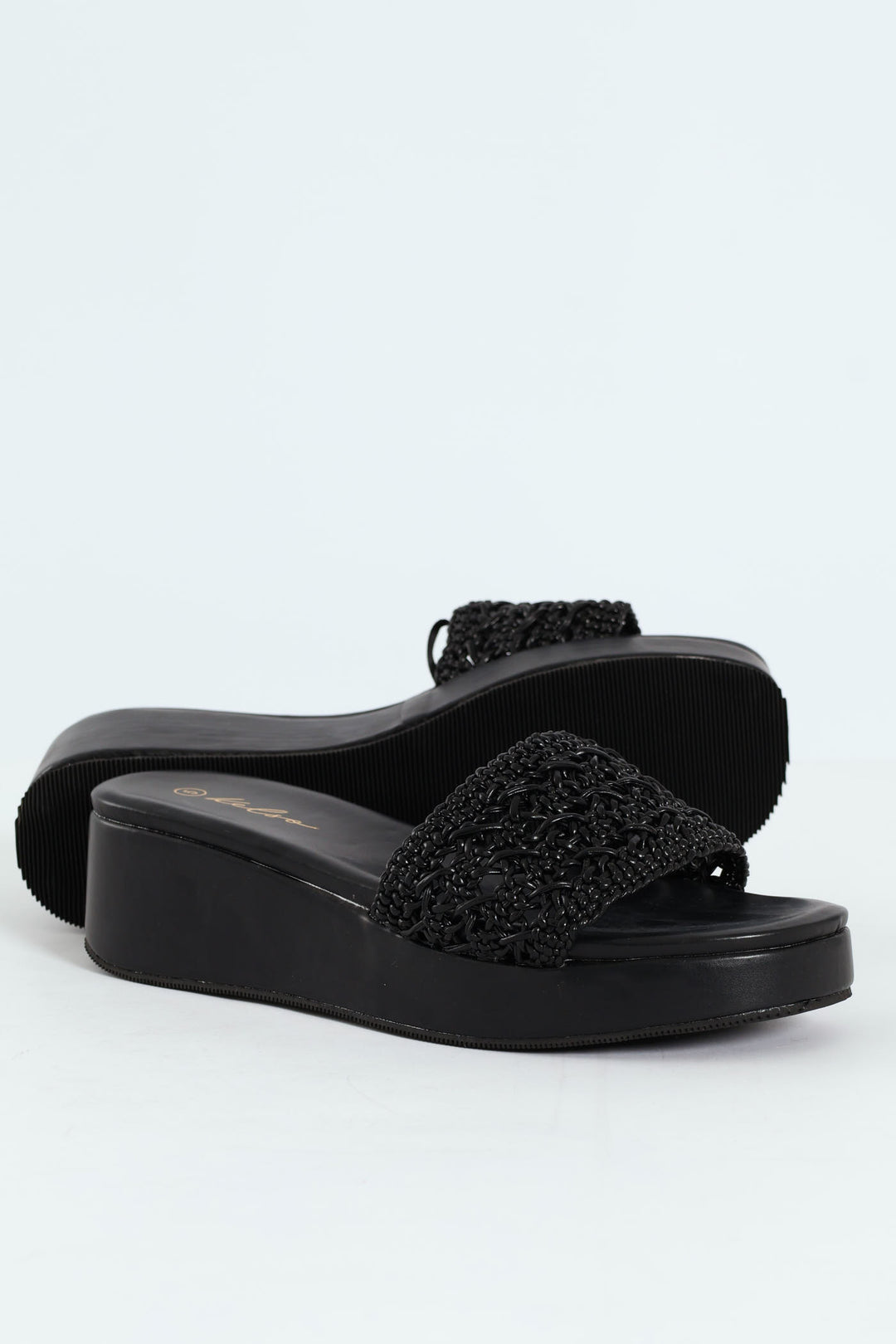 Weaved Single Band Flatform Mule Sandal - Black