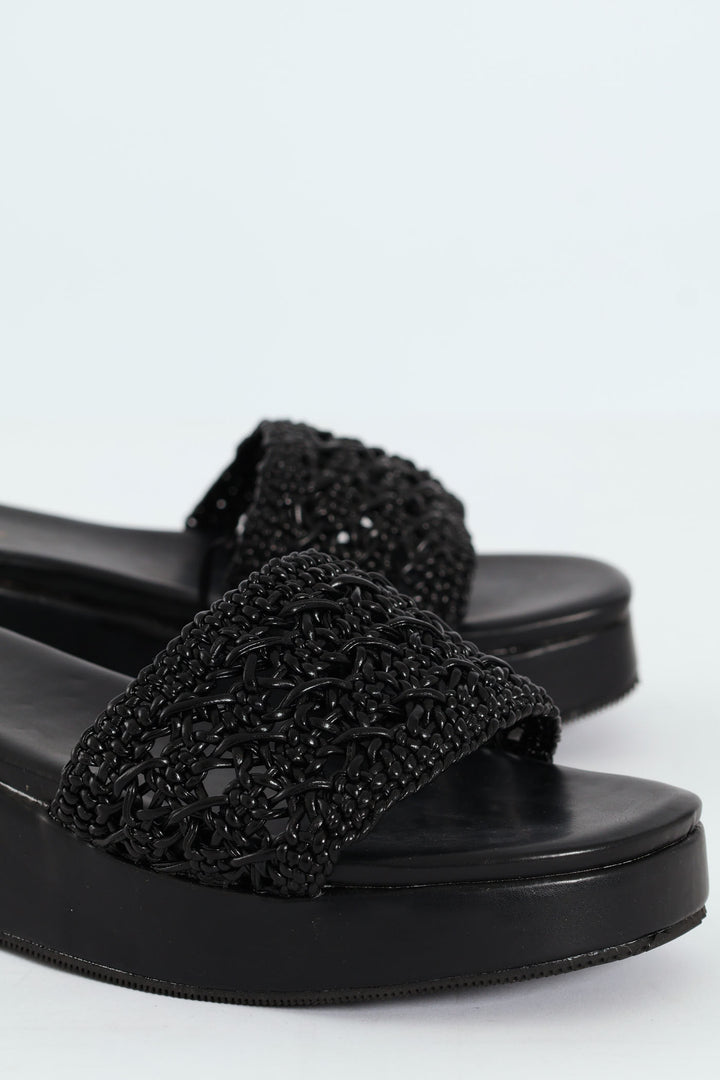 Weaved Single Band Flatform Mule Sandal - Black