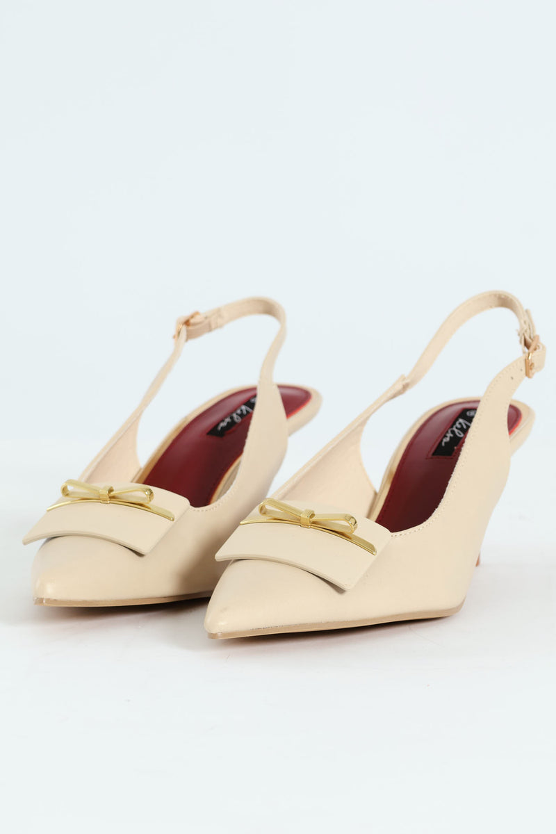 Metal Trim Apron Slingback Kitten Heel - Off White