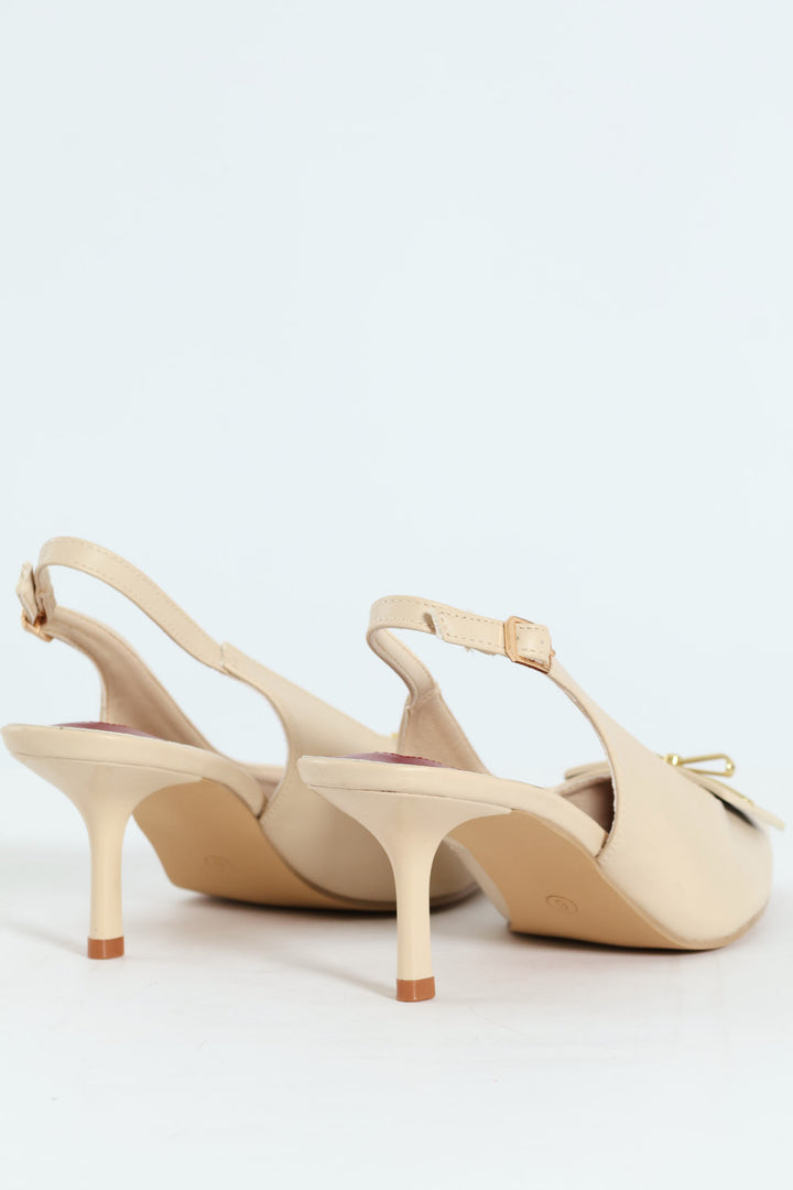 Metal Trim Apron Slingback Kitten Heel - Off White