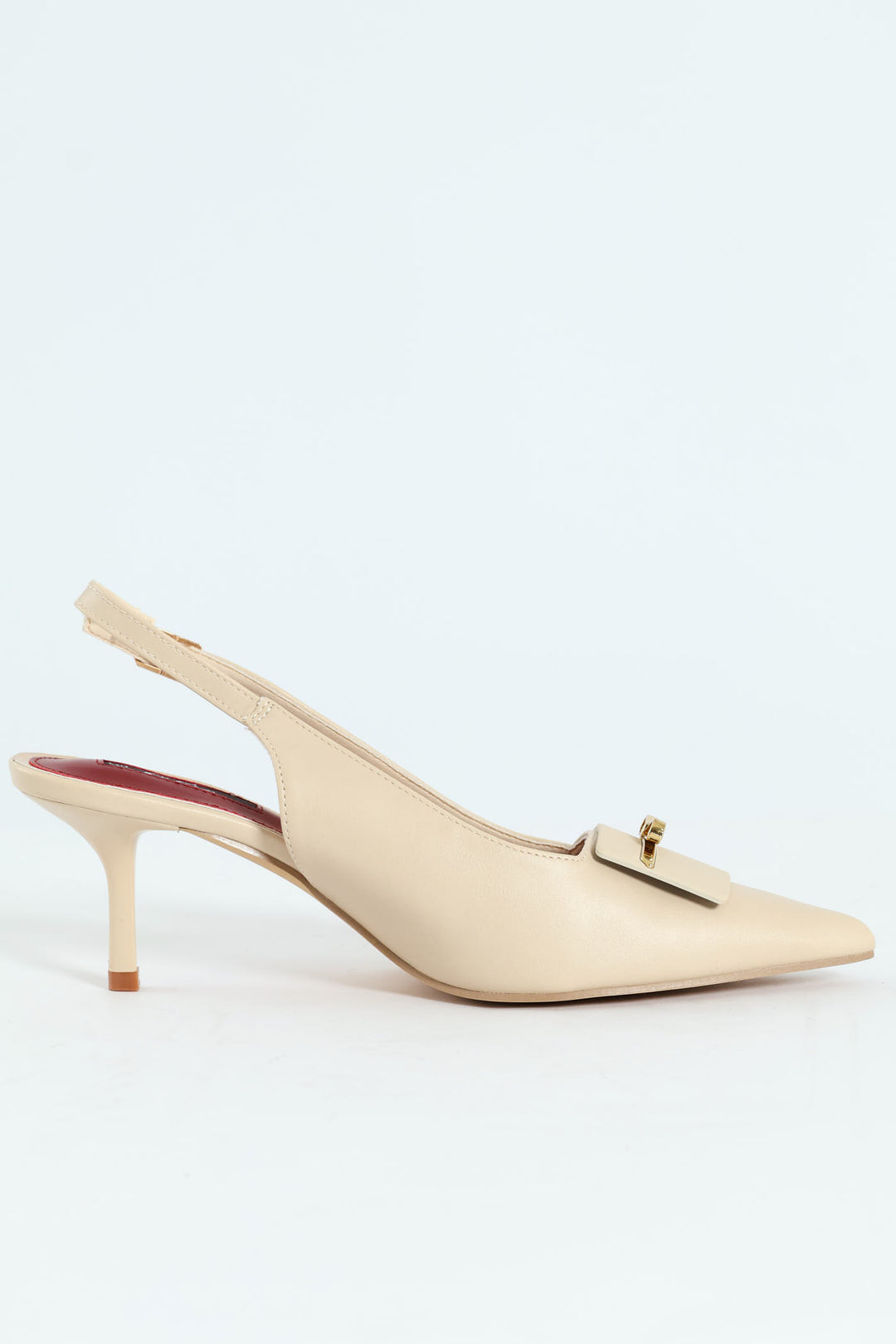 Metal Trim Apron Slingback Kitten Heel - Off White