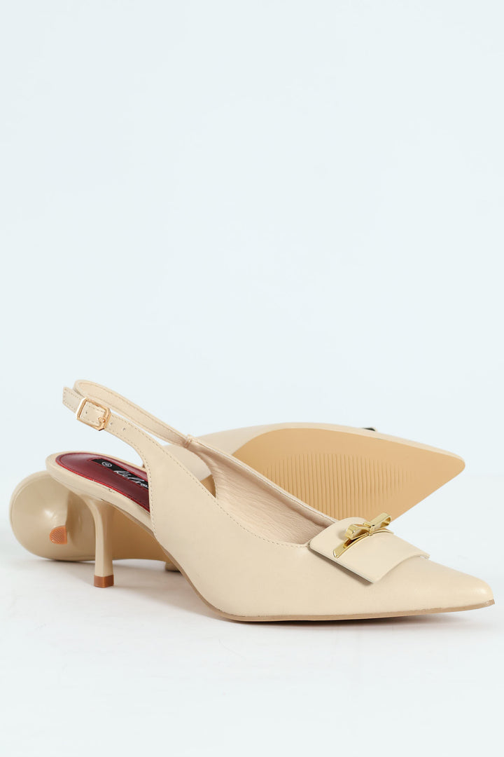 Metal Trim Apron Slingback Kitten Heel - Off White