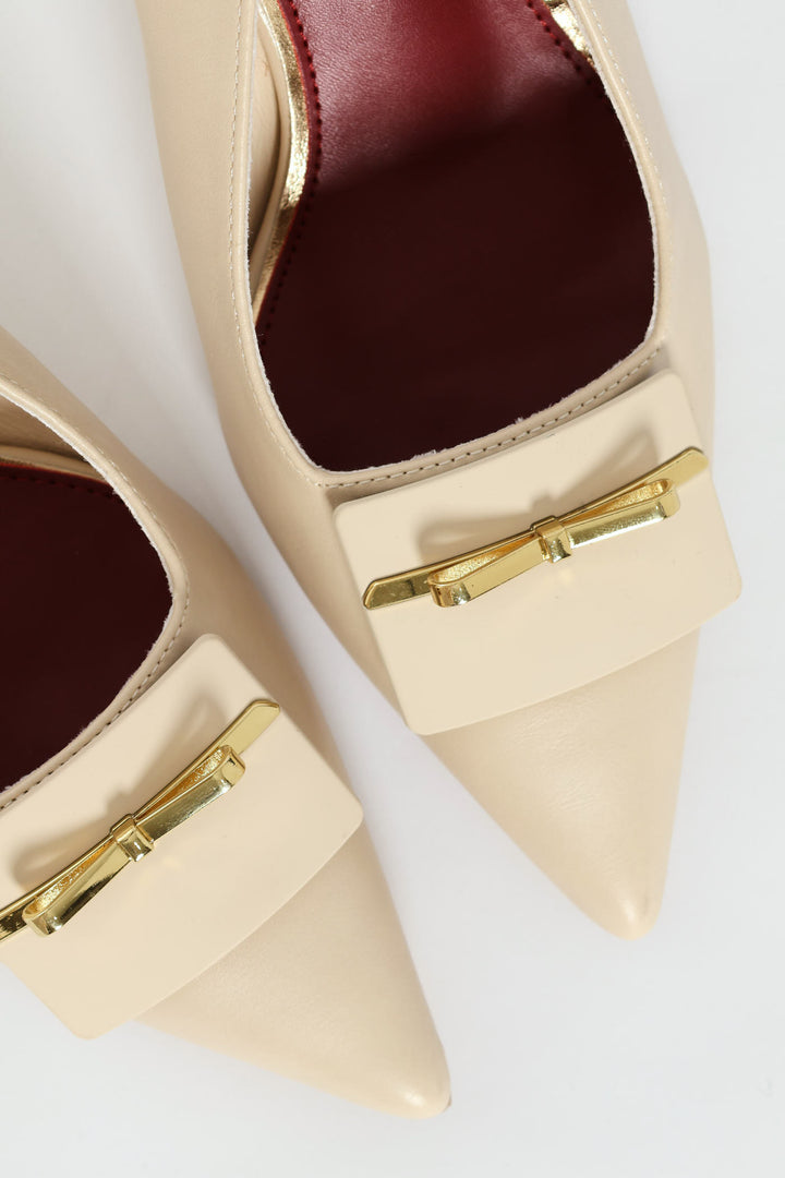 Metal Trim Apron Slingback Kitten Heel - Off White