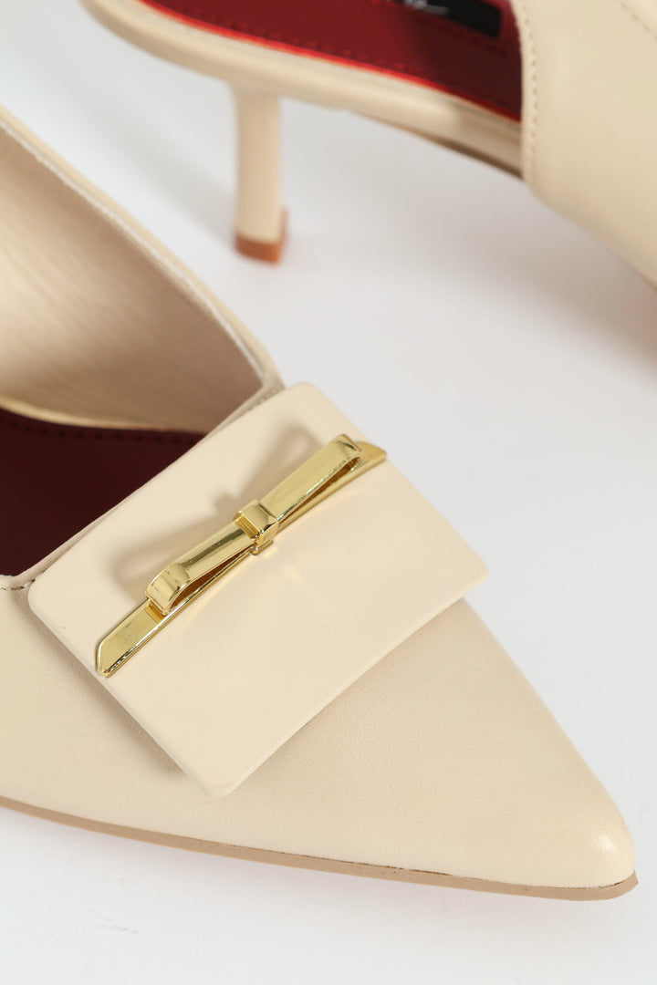 Metal Trim Apron Slingback Kitten Heel - Off White