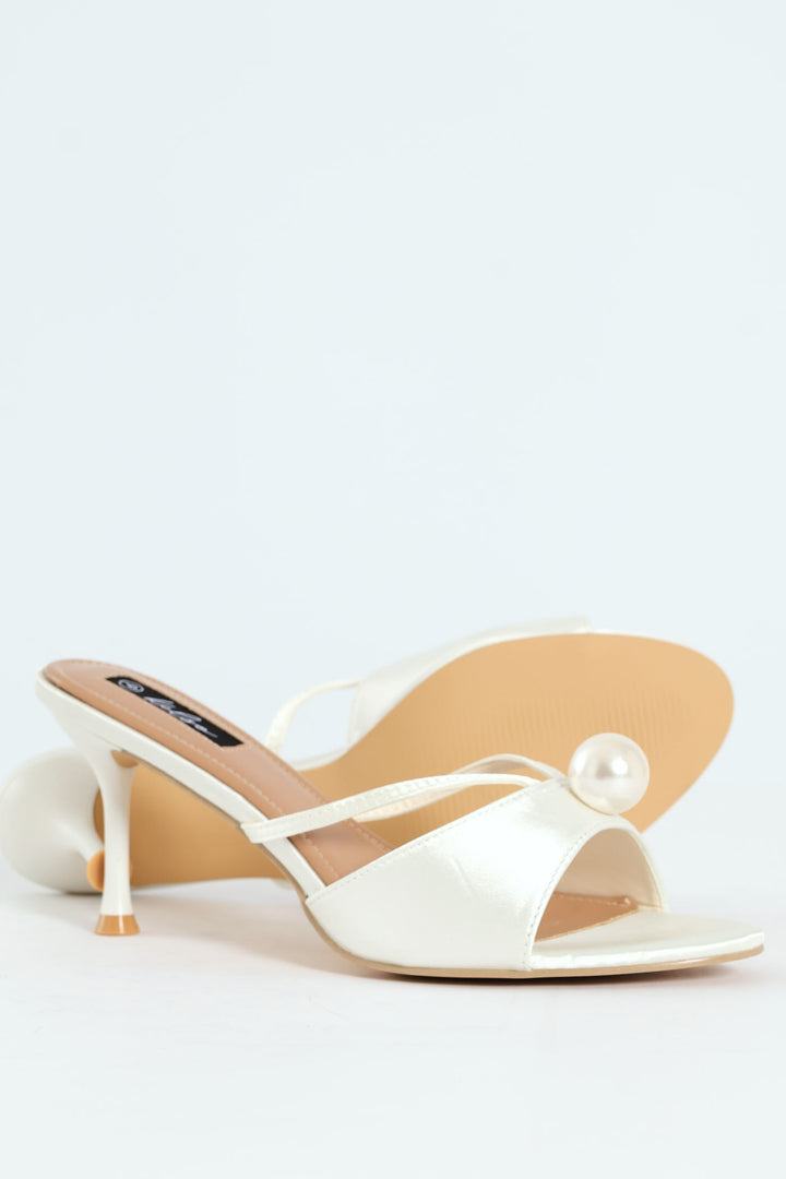 Pearl Trim Fashion Sandal Heel - Off White