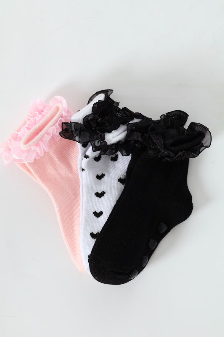 Baby Girls 3 Pack Ruffled Socks - Black/White/Dusty Pink