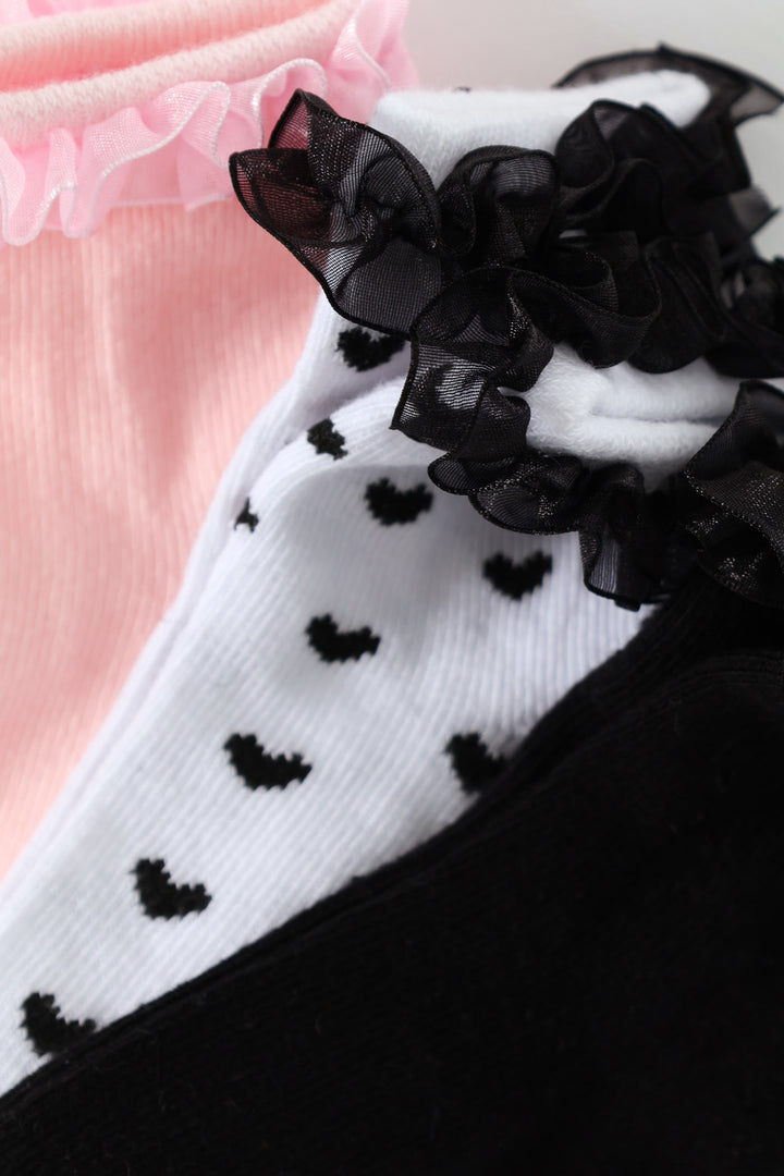 Baby Girls 3 Pack Ruffled Socks - Black/White/Dusty Pink