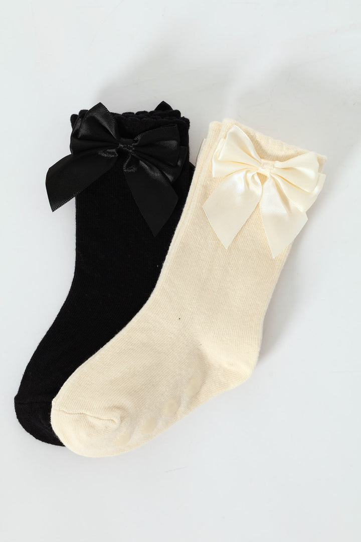 Baby Girls 2 Pack Bow Kneehigh Socks - Black/Cream