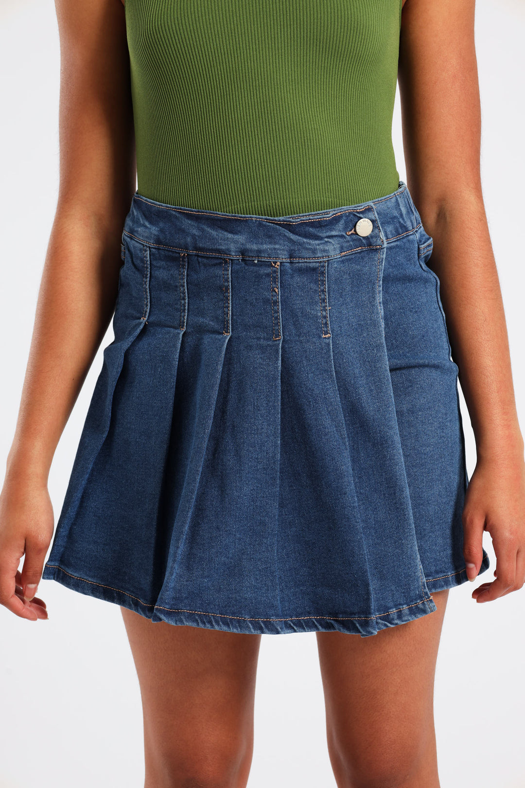 Girls Denim Pleated Skort - Mid Wash