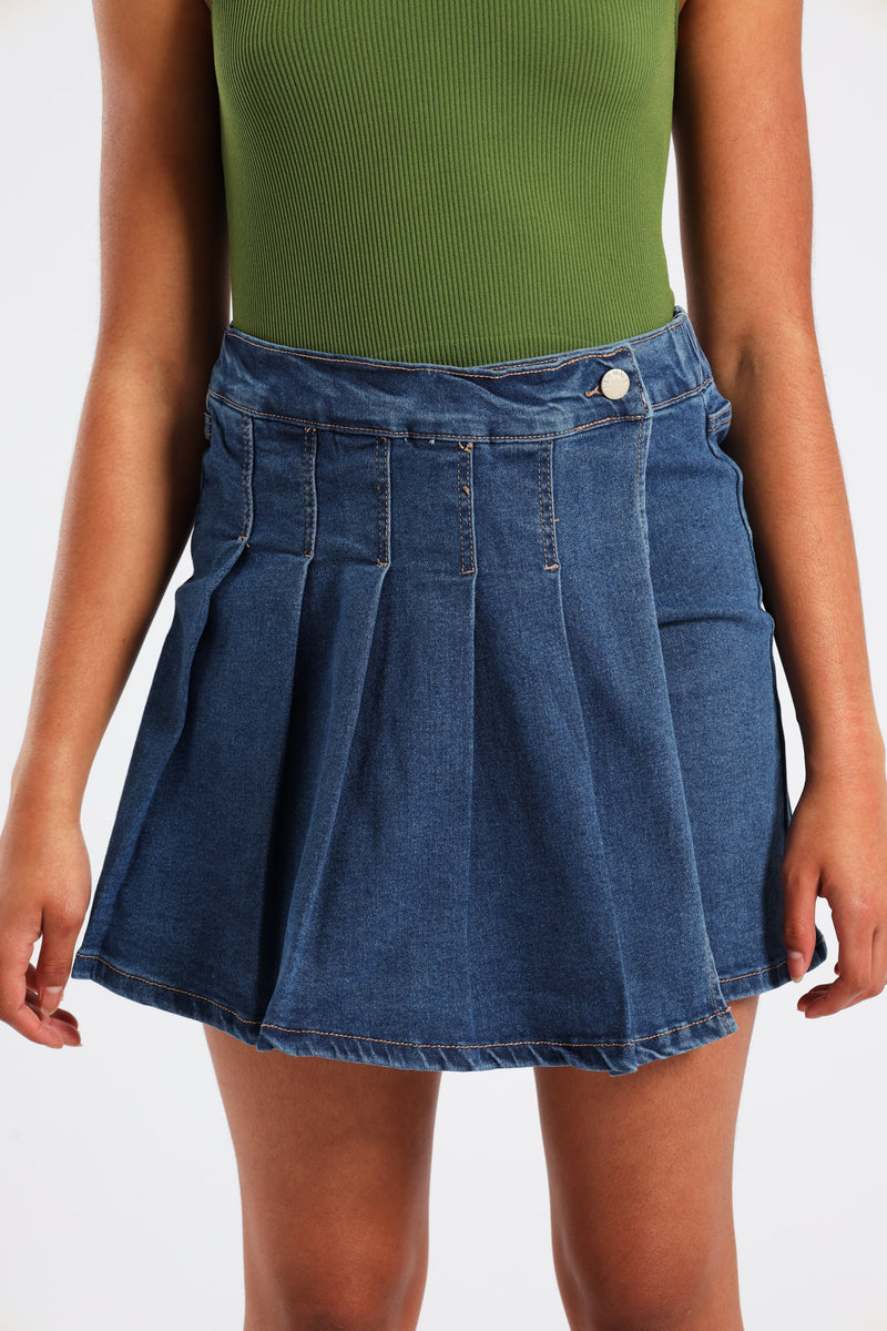 Girls Denim Pleated Skort - Mid Wash