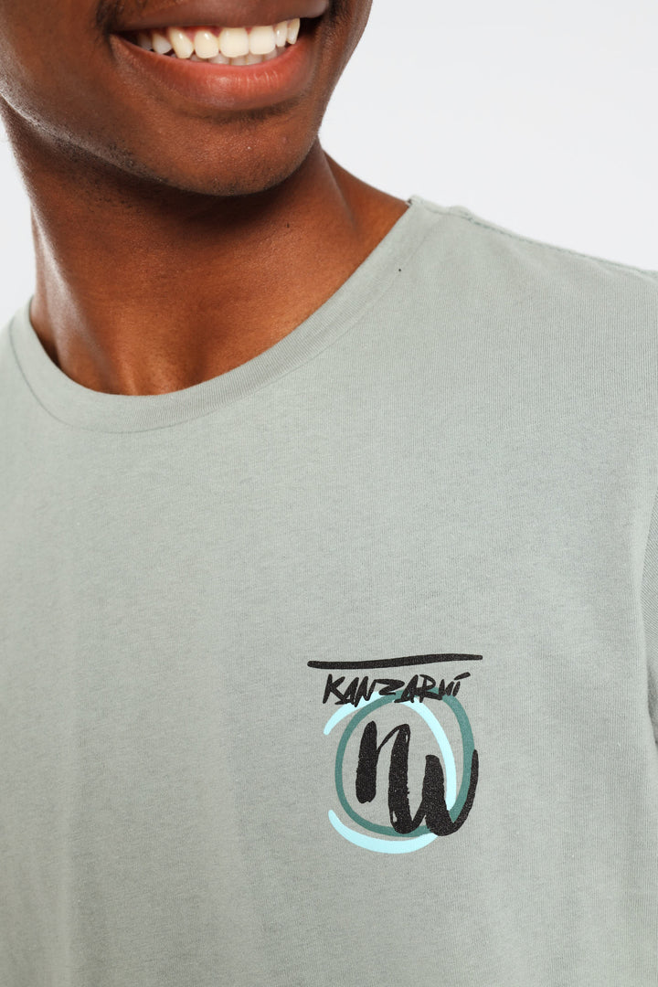 Boys Japanese Dragon Puff Back Printed Tee - Sage