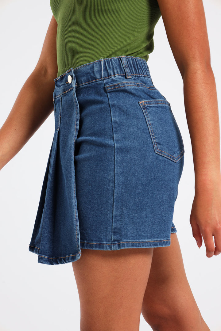 Girls Denim Pleated Skort - Mid Wash