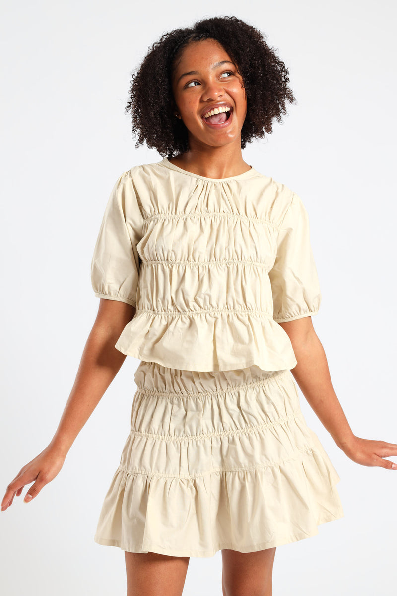 Girls Shirring Top - Stone