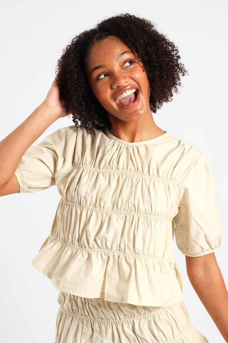 Girls Shirring Top - Stone