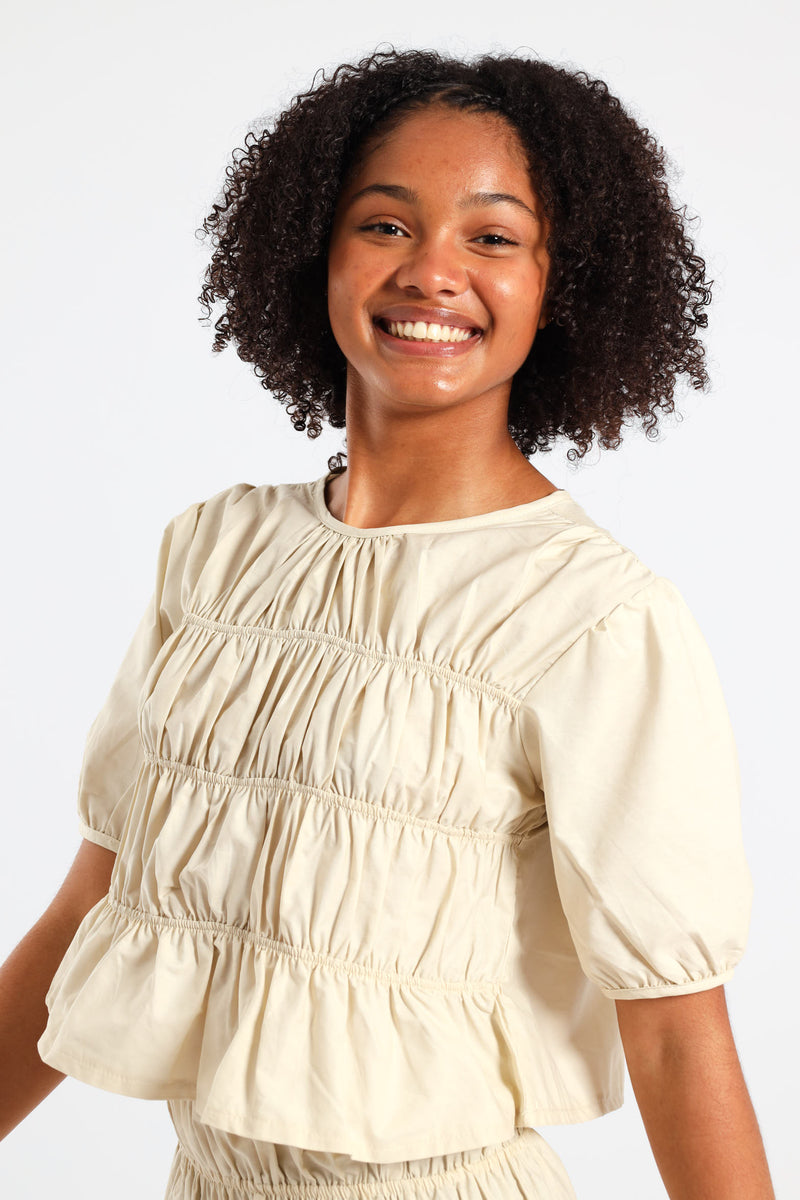 Girls Shirring Top - Stone